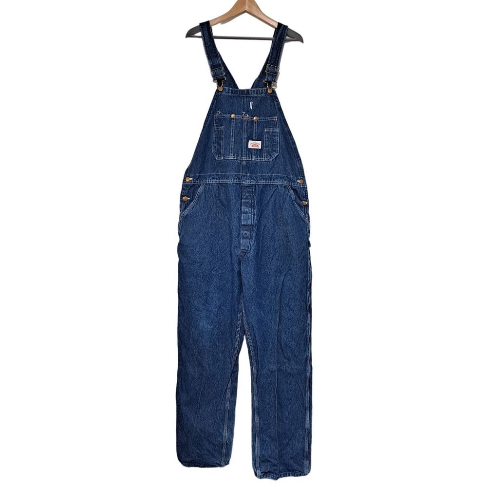 Round House Overalls Men Size 39 x 31 Dark Wash Cotton USA Right Back Of Leg Rip